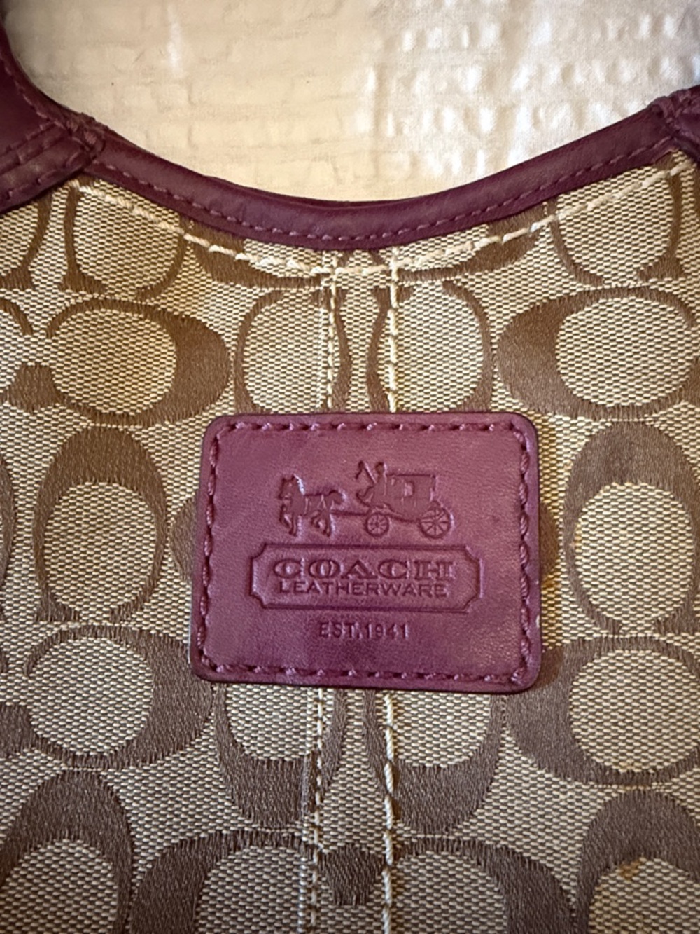 COACH Signature Stripe Tote with Plum Leather - Excellent condition! - Picture 3 of 8